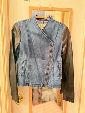 Women's Blue Denim Jacket with Black Faux-Leather Sleeves - Cropped Moto Style